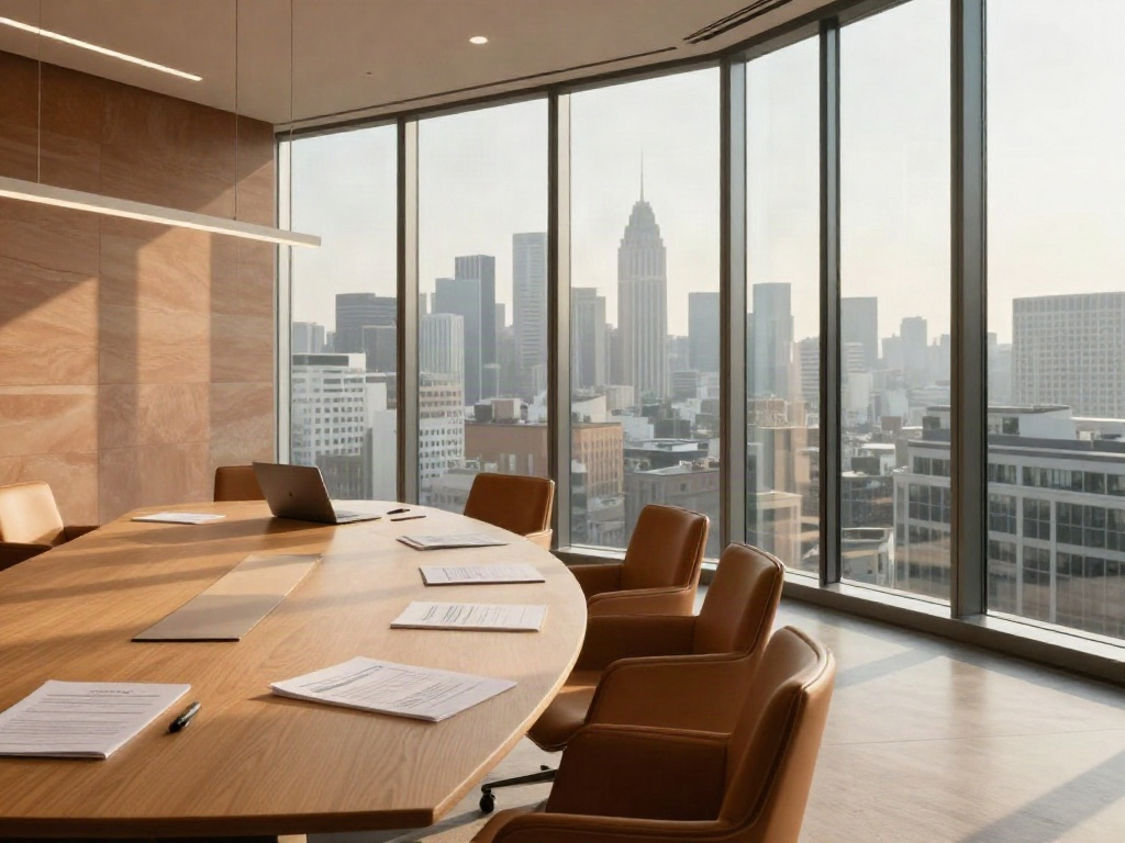 Sunlit executive boardroom with an oak meeting table overlooking the city